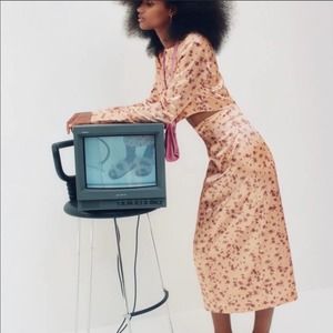 Zara Satin Floral Printed Midi Skirt (Only) In Salmon Size Large